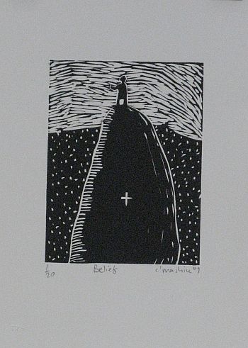 Click the image for a view of: Colbert Mashile. Belief. 2009. Linocut. 329X236mm